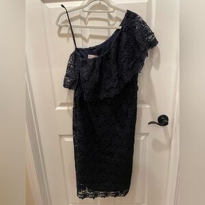 Elegant Navy Lace One-Shoulder Dress